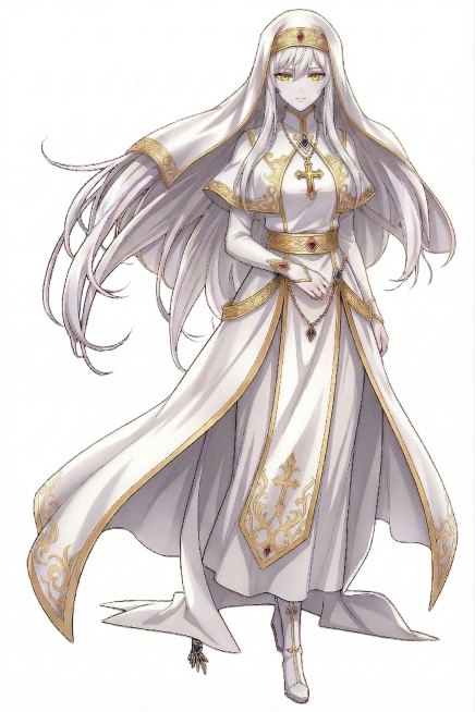 将人物肤色改得更白皙一些，把眼睛修改为金色，衣服改为以白色为主，金色作为点缀装饰，配色比例保持70%白色、25%金色、5%保留原有装饰色彩，保持人物原有造型不变预览效果