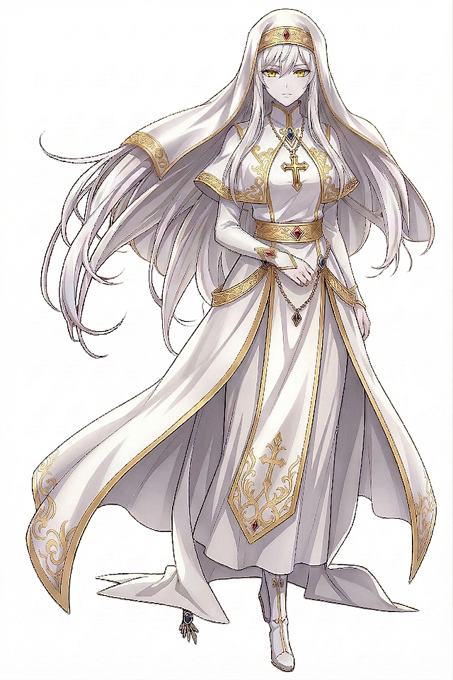 动漫风插画，融合哥特与鎏金浮雕元素，白金圣袍尽显神圣优雅，古典奢华中透出唯美感。