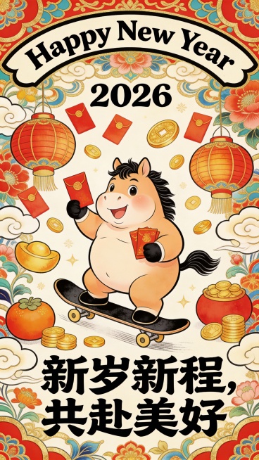 小马开心的拿着红包玩滑板，身旁还有红包、金币、灯笼等新年相关元素，潮流插画，轮廓描边，上方有英文 “Happy New Year 2026”，下方配有中文 “新岁新程，共赴美好”，采用了波普风的设计，预览效果
