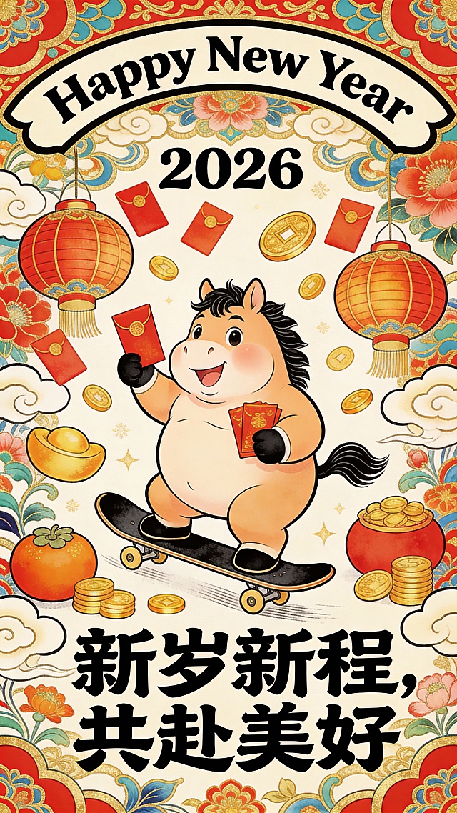 国潮风插画，拟人化小马踩滑板送红包，融合卡通感与鎏金元素，喜庆红金配色，印刷风边框点缀祥云花饰，传递2026新春美好祝福。