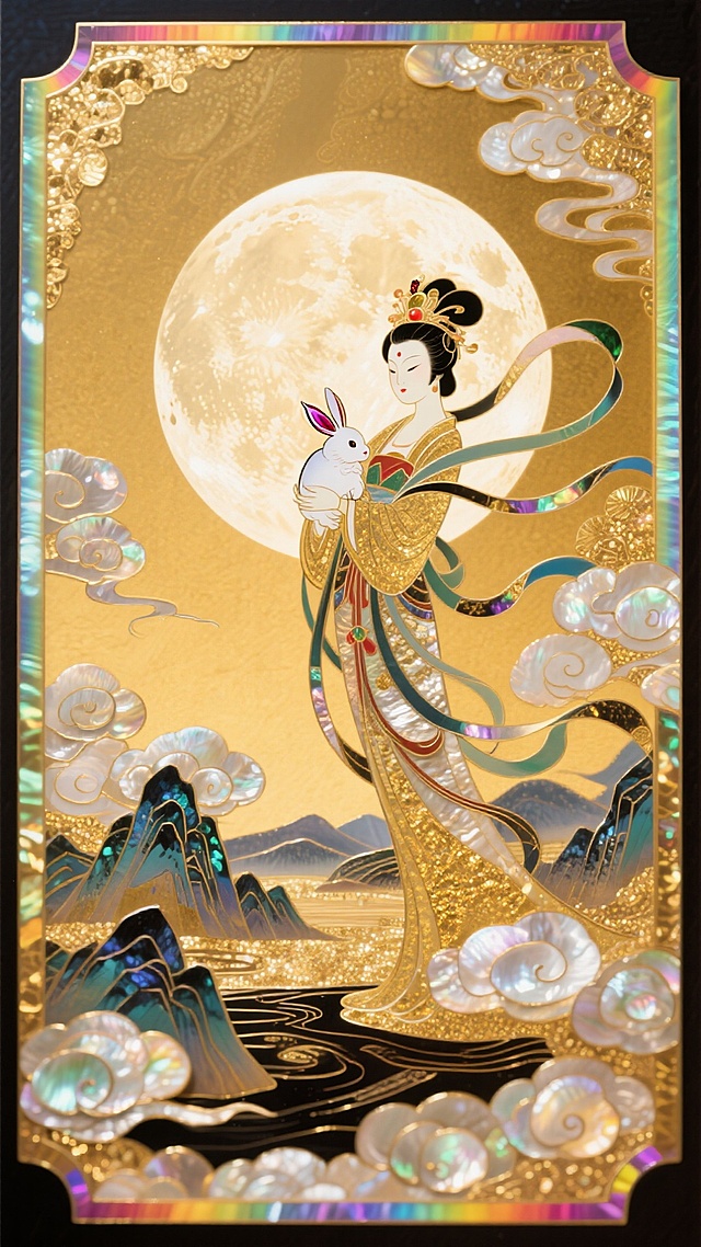 全景构图，背景是一轮圆月，月亮是实景，在画面正中间，近景是飘逸的嫦娥抱着玉兔，下方是大好河山，整体画面有祥云，喜庆的氛围，暖金色调