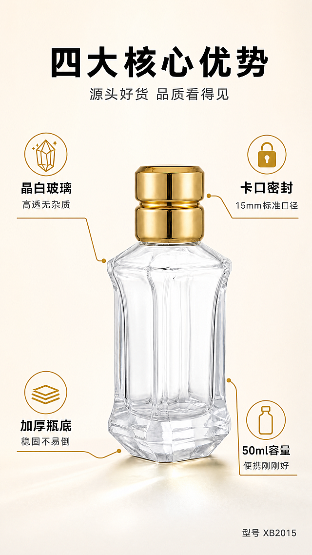 [第2张] 核心卖点总览-四大核心优势展示。本张使用【图1】作为商品主体（金色盖款）。
[氛围/风格] 轻奢简约风，浅米白背景，金色点缀，商业摄影质感，高端大气。
[元素布局] 金色盖香水瓶居中偏右，占画面约50%；四周分布四个金色圆形图标+卖点文字，分别在左上、右上、左下、右下位置；瓶身造型、棱角切割、卡口结构与输入图完全一致；背景为浅米白渐变，干净通透。
[光影质感] 正面柔光，瓶身玻璃高光清晰，底部柔和投影，整体明亮干净。
[配色色系] 全局底色 #FAF7F2（浅米白）；主色金色+透明玻璃白；辅助色深灰文字、金色图标。
[视角构图] 正面平视，产品居中偏右，四个卖点环绕四周，阅读动线顶部标题 → 四周卖点 → 中心产品。
[文字版式] 顶部大标题「四大核心优势」，副标题「源头好货 品质看得见」，黑体加粗；左上图标+文字「晶白玻璃 高透无杂质」；右上图标+文字「卡口密封 15mm标准口径」；左下图标+文字「加厚瓶底 稳固不易倒」；右下图标+文字「50ml容量 便携刚刚好」；右下角小字标注「型号 XB2015」；金色细线从图标引向瓶身对应部位。
[比例分辨率] 9:16竖版比例，4K分辨率，文字清晰可辨，高清画质。
[负向提示词] 瓶身变形，螺口瓶口，缺件错件，颜色偏差，水印，文字错乱，产品图模糊。