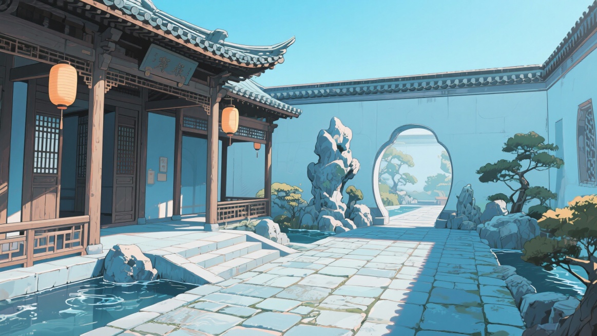二次元古风，庭院，浅蓝色为主，细节丰富，生成2张，不要人，4k，16:9预览效果