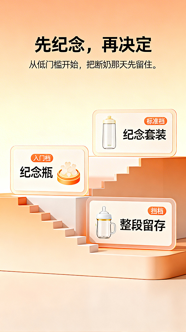 产品档位展示页面，暖色调渐变背景，标题“先纪念，再决定”，副文案“从低门槛开始，把断奶那天先留住。”，下方展示三个档位卡片：入门“纪念瓶”、标准“纪念套装”、收藏“整段留存”，画面带有阶梯式升级元素