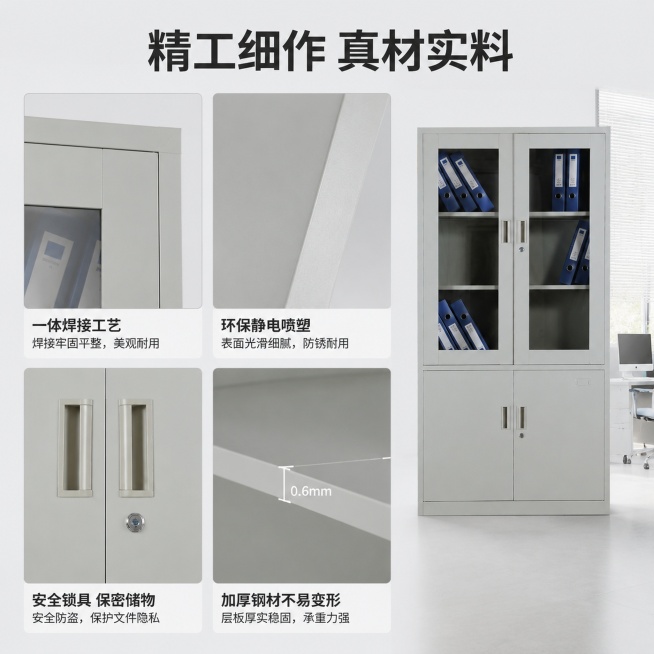[主图-3] 展示钢制办公柜子工艺与材质细节。
[氛围风格] 简约现代专业办公氛围，和前两图风格光影保持完全一致。
[画质] 商业摄影质感，光线柔和通透，产品清晰真实，画面干净高级。
[元素] 保持产预览效果