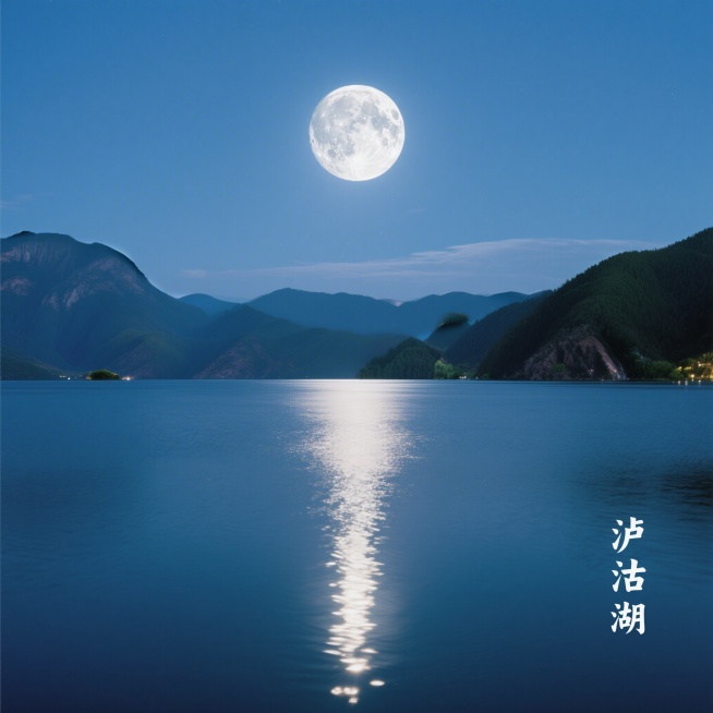 夏季泸沽湖夜景，澄澈湖面倒映着皎洁圆月，水面波光粼粼，画面左下角有小字标注“泸沽湖”，写实摄影风格，高清质感，氛围静谧清幽预览效果