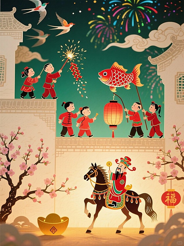 中心是穿红衣的孩童们（有的在墙头放鞭炮、有的抬着红锦鲤花灯），画面下方是财神骑马，周围点缀桃树、飞鸟、祥云、烟花等吉祥元素，绿色调为主，米色背景，春节热闹场景