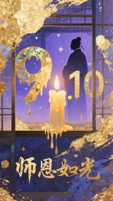 透过窗户往里面看，画面核心部分是由蜡烛蜡油构成的数字 “9.10”。蜡烛蜡油呈现出一种自然的流动质感，就像是正在融化滴落的瞬间被定格。数字边缘有细腻的纹理与光泽。烛火明亮且有柔和的光晕，背景为深邃的蓝预览效果