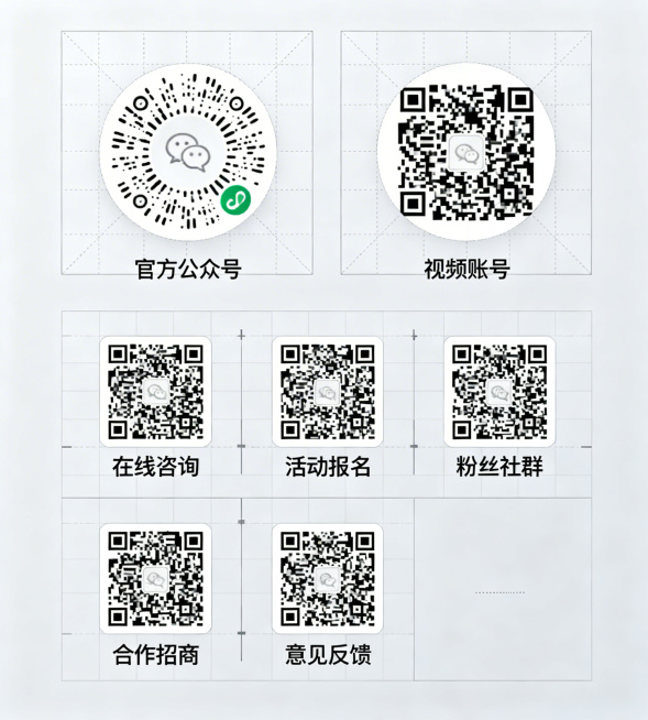 微信推文底部二维码组合设计，网格分组排列。上方是两格网格放置两个圆形二维码，分别为"官方公众号"和"视频账号"，下方三行两格网格，五个方形二维码"在线咨询"、"活动报名"、"粉丝社群"、"合作招商"、预览效果