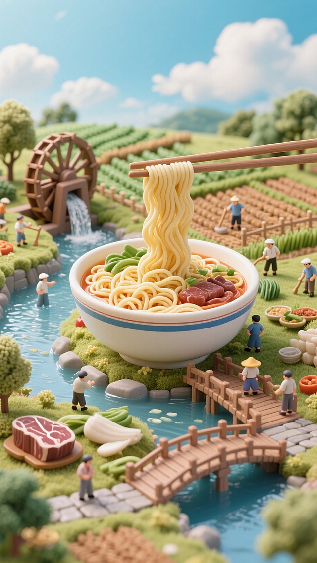 微缩艺术卡通人物围绕巨型面条碗