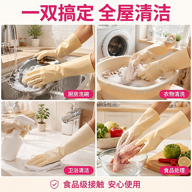 [主图-4] 乳胶手套多场景使用宫格图，场景沉浸型。
[氛围风格] 真实家庭生活场景，温馨实用，体现多用价值。
[画质] 商业摄影质感，生活气息浓厚，光线自然柔和。
[元素] 画面采用四宫格布局，展示手套在四个不同家务场景中的使用状态：
左上格：厨房洗碗场景——戴着手套的手正在擦洗不锈钢碗碟，周围有泡沫与水流，背景是整洁的白色厨房；
右上格：衣物清洗场景——戴着手套的手正在洗衣盆中揉搓衣物，盆中有洗衣液泡沫，背景是阳台洗衣区；
左下格：厨卫清洁场景——戴着手套的手正在擦拭瓷砖台面，手持喷壶与抹布，背景是明亮的浴室；
右下格：食品处理场景——戴着手套的手正在处理生鲜食材，旁边有蔬菜和砧板，体现食品级安全性。
每格中手套均为米黄色加长款，手部仅露出手腕以下局部，动作自然简单。**保持手套外观（即物理结构、材质质感、米黄色颜色、加长款长度）与输入产品图一致，杜绝任何变形和色差，精细化处理**。
[光影] 每个宫格采用自然窗光，明亮柔和，生活感强；四格光线风格统一，均为暖调自然光。
[配色] 主色暖白+浅木色家居色调 + 玫红色宫格标签 + 米黄手套本色；整体温馨明亮，与整套色板协调。
[视角构图] 四宫格等分布局，每格独立场景，中间有细白分隔线；平视角度，场景真实自然。
[文字版式] 顶部大标题："一双搞定 全屋清洁"，玫红色粗体大号字。每个宫格右下角有圆角玫红底白字小标签："厨房洗碗""衣物清洗""卫浴清洁""食品处理"。底部小字："食品级接触 安心使用"。文字清晰，不遮挡主体动作。
[输出要求] 1:1比例，文字清晰可辨，超高清商业摄影质感。
[负向提示词] 变形，文字错乱，产品图模糊，背景杂乱，水印，电商平台Logo，多余的手，畸形手，手指扭曲，人物面部。