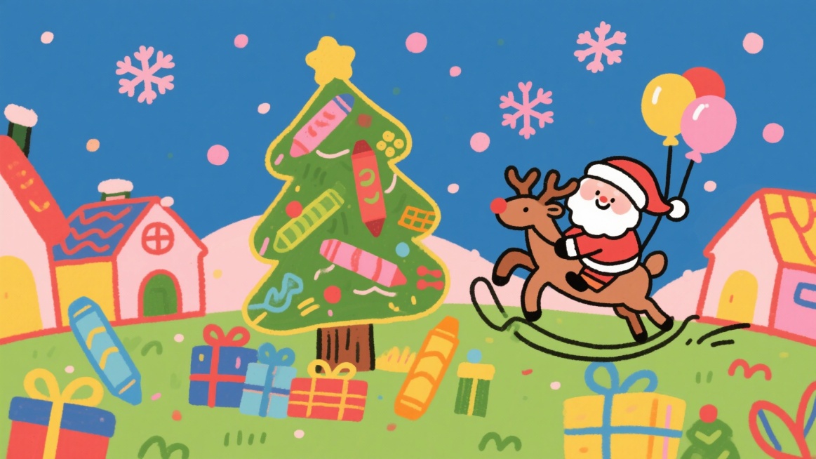 儿童蜡笔手绘风格的圣诞场景，歪歪扭扭的圣诞树挂满彩色蜡笔涂鸦的礼物盒，戴着红帽子的圣诞老人骑着驯鹿（驯鹿角上挂着气球），天空飘着粉色雪花，地面是绿色的草地，点缀着彩色的小房子，用粗线条勾勒轮廓，色彩鲜预览效果