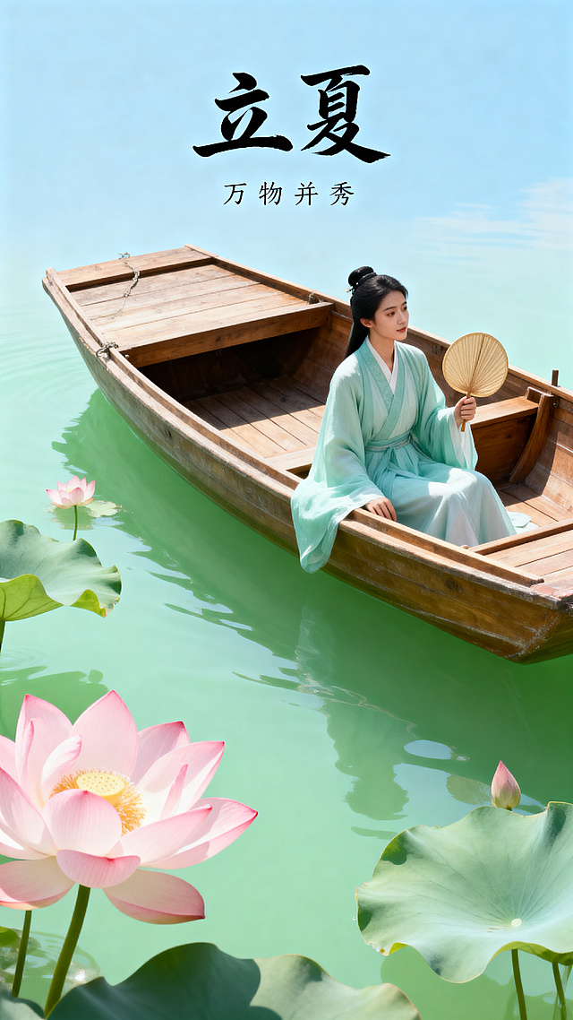 立夏节气海报，画面包含荷花、小舟、人物，整体清新国风，加上"立夏"艺术字标题，充满夏日氛围