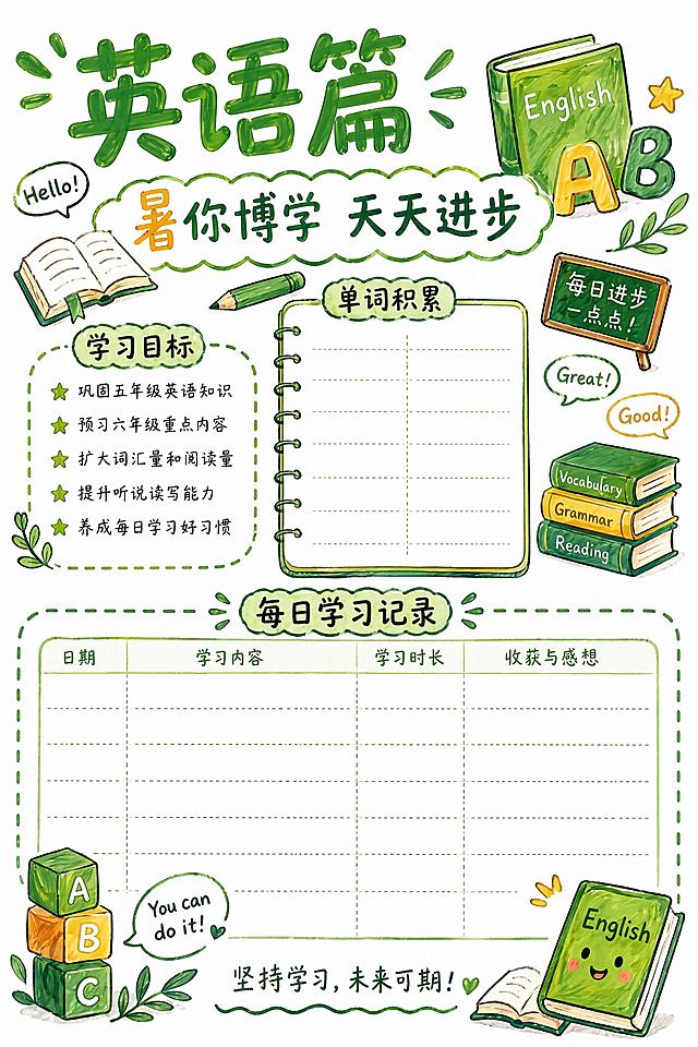 马克笔手绘风格，白底手绘风，创意暑假五升六英语篇，主标题"英语篇"，副标题"暑你博学 天天进步"，版式参考上传图的分区结构，保留马克笔手绘质感和绿色系清新风格，页面留出英语学习记录区域，整体版式精美，210*297尺寸A4纸，文字清晰可读