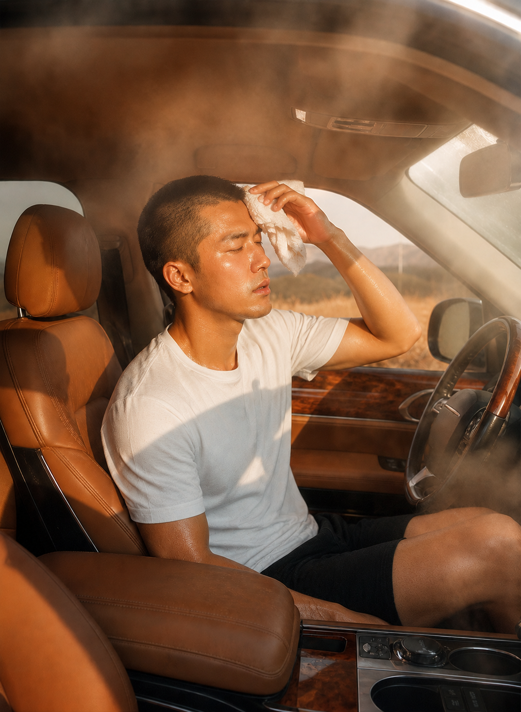保持汽车内饰、棕色皮质座椅、木质方向盘、车厢环境、热气蒸腾效果… - 图片创意预览