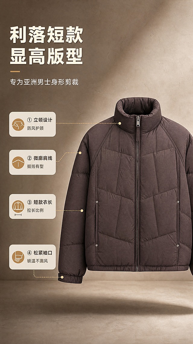 [商品] 使用【图1】深咖色男士立领短款羽绒服；商品处理：保留立领、拉链、插肩袖结构、衣身分割缝线、侧缝铆钉装饰、袖口松紧、下摆版型和深咖色面料；自然去除衣身杂乱褶皱，理顺垂坠，增强面料肌理、缝线、拉链五金和蓬松羽绒质感，不改变版型和结构。
[画面] 目标为版型解析页，讲解立领短款版型的穿搭优势；竖版构图，左文右图布局，右侧展示羽绒服正面全貌（占画面约50%），左侧留白放文案和引线标注；从立领、肩线、衣长、袖口四个关键部位引出细线标签，标注结构与穿着体验；背景为暖调浅咖色哑光质感，底部有柔和投影，营造高级棚拍氛围。
[视觉] 套系策略：风格=高级都市轻熟风商业摄影；标题字=现代无衬线粗体（思源黑体Heavy）；正文字=简洁无衬线体（思源黑体Regular）；主色=深咖棕；背景延展=基于深咖棕做深浅层级、同色渐变和细腻水泥墙/哑光纸张质感；强调色=暖驼色，仅用于小面积图标、引线和标签；标题色=米白色；正文色=浅暖灰；组件=圆角浅底信息卡、细线引线、极简标签；光影=左前侧暖柔光，右侧柔和补光，产品轮廓清晰有层次。
[文字] 左上主标题「利落短款 显高版型」，副标题「专为亚洲男士身形剪裁」；四个引线卖点：①立领设计 防风护颈 ②微廓肩线 挺括有型 ③短款衣长 拉长比例 ④松紧袖口 锁温不漏风；所有文字横排，字号手机端清晰可读，不遮挡产品主体。
[规格] 图片比例9:16竖版，4K分辨率，避免变形、错字、文字过小、颜色改变、版型失真、冷蓝背景、白底孤立单品。