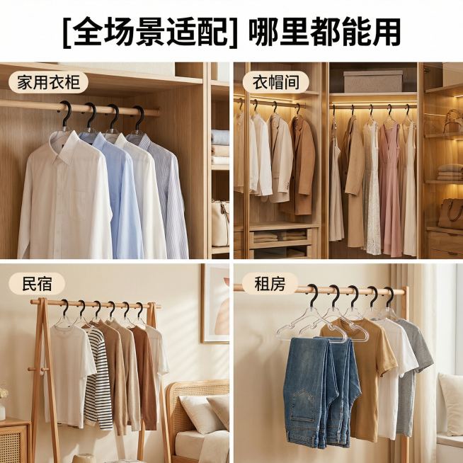[主图 7] 多场景适用展示
[氛围/风格] 生活化场景，自然温馨
[画面元素] 商业摄影质感、光线柔和通透、产品清晰真实、画面干净高级。四宫格布局展示衣架在衣柜、衣帽间、民宿、租房不同场景的使用效果预览效果