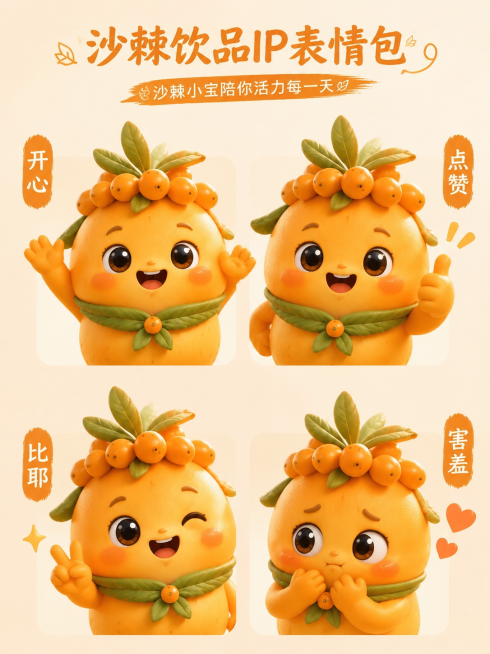 沙棘饮品IP专属表情包设计，使用参考图中立体3D沙棘IP形象，包含开心、点赞、比耶、害羞四个不同表情，保持和参考图一致的写实3D萌系风格，沙棘橙色为主色调，头顶带沙棘果和绿叶装饰预览效果