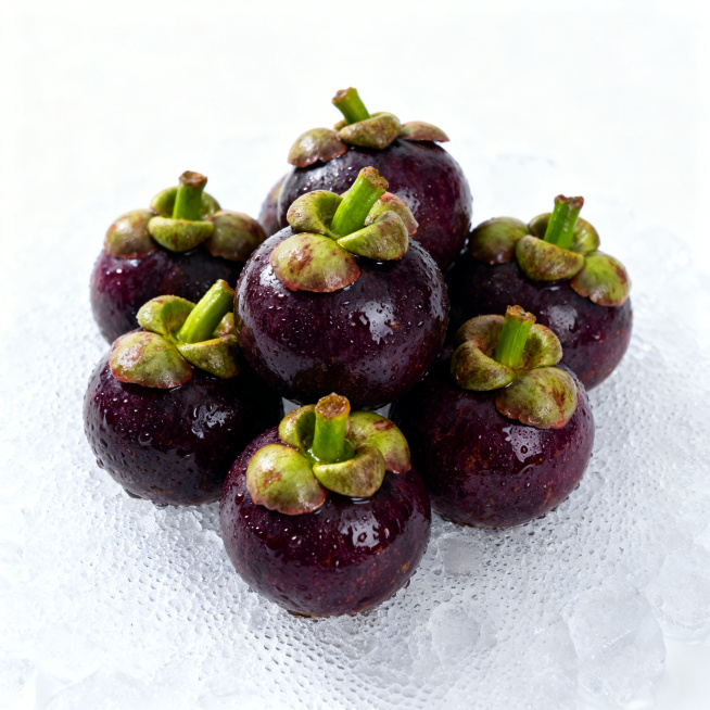 泰国进口山竹商品主图，多个完整山竹堆叠放在冰面上，突出冰镇新鲜，光影清晰，适合电商主图，整体干净诱人预览效果