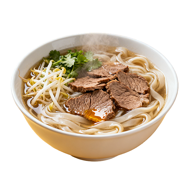 一碗热气腾腾的牛肉河粉装在干净的白色瓷碗里，整碗完整放置在画面中央，宽滑新鲜的河粉取代面条，汤色清亮浓郁，摆着大片嫩牛肉，搭配豆芽香菜，汤色油亮冒着热气，河粉爽滑筋道，看起来鲜香诱人非常有食欲，纯色简洁背景，美食摄影风格