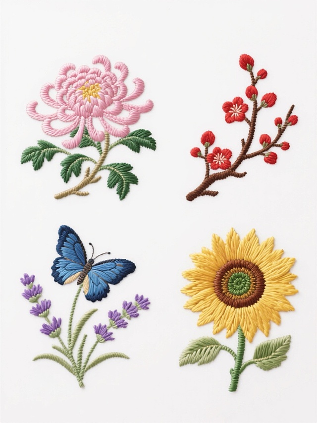 四个完全不同造型的刺绣元素系列素材集合，均保持精致细腻的彩色刺绣质感风格，以白色纯色为背景，元素内容分别为：1. 盛开的粉色菊花配以绿色枝叶；2. 含苞待放的红色梅花与枝干；3. 展翅的蓝色蝴蝶停驻于紫色薰衣草；4. 饱满的黄色向日葵带着绿色花盘，所有元素规整排布，线条清晰，针脚纹理分明，色彩过渡自然，整体呈现统一的传统刺绣工艺美感。