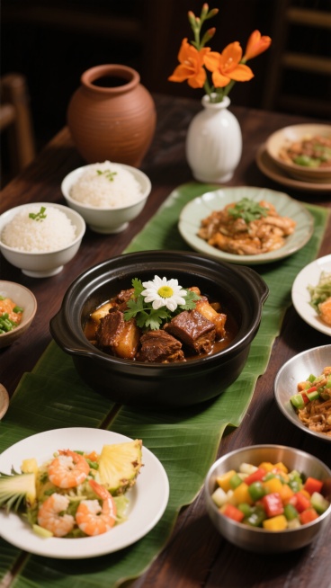 高质感美食摄影，暖色调灯光营造温馨氛围，深色木质餐桌上铺着绿色芭蕉叶，中央摆放黑色陶锅盛装的红烧大块肉，表面点缀白色菊花与绿色香菜，周围环绕多道菜肴：左侧两碗白米饭撒有葱花，前方白色瓷盘盛有菠萝虾仁沙拉，右侧银色金属碗装彩色蔬菜丁，背景有棕色陶罐与插着橙色花朵的白色瓷瓶，整体构图饱满，食物细节清晰，光影层次丰富，营造出丰盛诱人的餐饮场景。预览效果