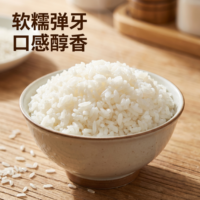 [主图 4] 米饭成品蒸煮体验展示
[氛围风格] 温馨生活场景，诱人食欲感
[画质] 商业摄影质感、光线柔和通透、米饭颗粒清晰、画面干净高级
[元素] 刚煮好的满满一碗白米饭盛在洁白陶瓷碗中，放在原木预览效果