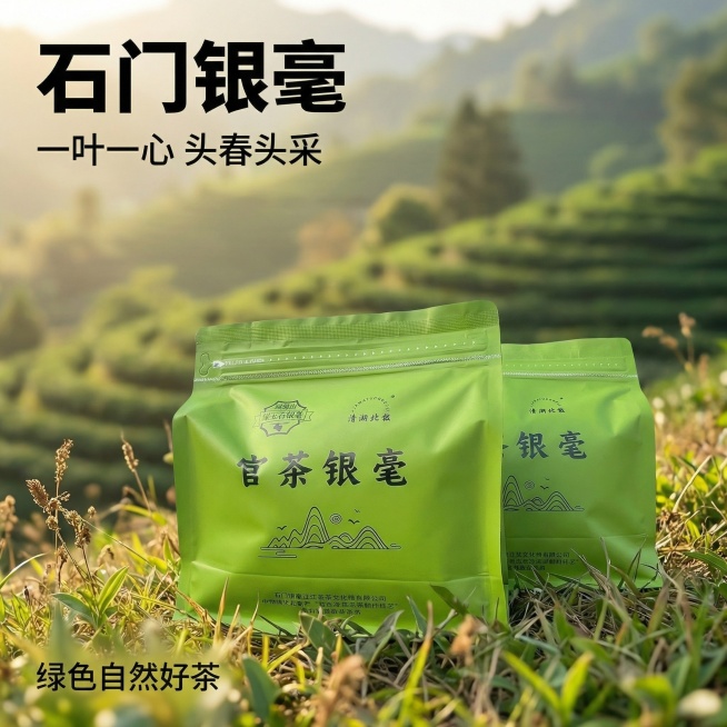 生成一张双包装石门银毫商品主图，尺寸800*800 1:1比例。两袋绿色石门银毫包装袋一前一后摆放，保持包装原有文字和外观不变，将背景替换为虚化的山林茶园自然风光，前景保留草地质感。左上角主标题“石门预览效果