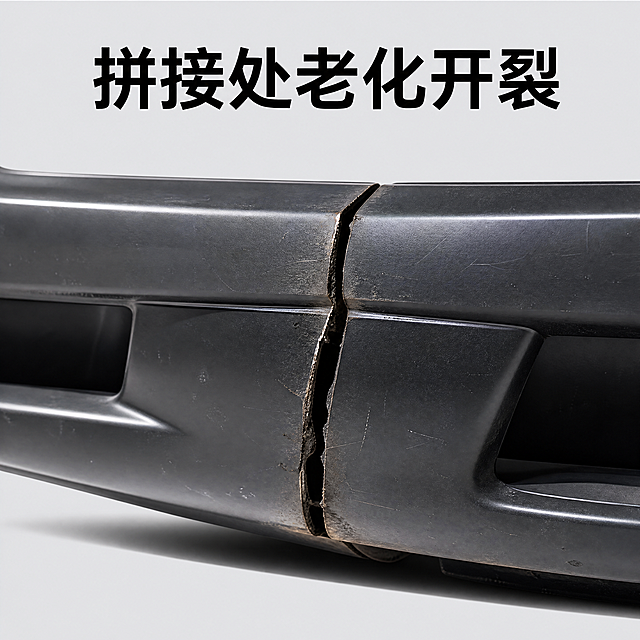 [轮播-4] 第四款车型保险杠拼接处开裂特写，缝隙明显。风格高清写实汽车摄影，画面明亮清晰，特写构图简洁。展示深色汽车保险杠，两段拼接位置明显开裂，缝隙宽度清晰可见，真实呈现拼接位老化开裂状态，无车标无车牌。开裂位置占画面约70%，商业摄影质感，光线侧打突出缝隙深度，细节清晰真实。主色调深色保险杠、浅灰背景，对比清晰。平视特写视角，景深适中突出开裂细节。文字版式：顶部大字标题"拼接处老化开裂"，黑色粗体无衬线，放置在顶部负空间不遮挡主体，清晰易读。比例1:1，800×800，4k分辨率，文字清晰锐利，超高清。负向提示词：变形，水印，文字错乱，产品图模糊，背景杂乱，车标，车牌，品牌logo，玩具，防水，电器，腐蚀，防霉防潮，建筑材料，3M，AB胶，神奇魔法，环保，绿色健康，无毒