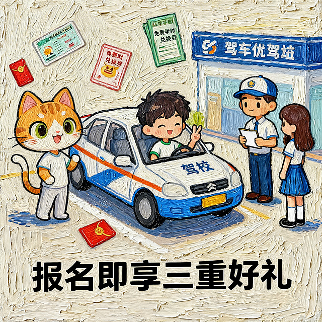 手绘插画风格，驾校报名优惠场景，画面展示可爱的手绘红包、学车手册、免费学时兑换券等福利元素，旁边配手写字“报名即享三重好礼”，整体风格活泼有亲和力，1:1正方形尺寸