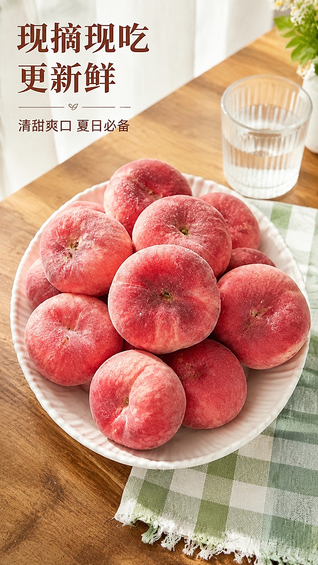 [第6屏] 日常食用场景屏，展示清洗后装盘食用的自然场景。本屏使用【图1】桃子作为主体。
[氛围/风格] 居家温馨感，简单淳朴，自然生活气息。
[元素布局] 洗净的蟠桃放在白色陶瓷果盘里，果盘置于实木餐桌上，占画面中心约65%；旁边可搭配水杯和餐布作为点缀，桃子形状颜色保持和原图一致。
[光影质感] 室内柔和自然光，从窗户照射进来，整体温馨明亮，水果表面保留水润反光。
[配色色系] 全局底色 #F9F7F3；主色桃子红粉色、浅木色餐桌；辅助色白色果盘、绿色衬布。
[视角构图] 桌面平视45度角，场景沉浸式构图。
[文字版式] 左上角主标题「现摘现吃 更新鲜」，副标题「清甜爽口 夏日必备」，字体风格和字色保持首屏一致，文字不遮挡果盘主体，清晰可读。
[比例分辨率] 9:16 竖版比例，4K 分辨率，文字清晰可辨，高清画质。
[负向提示词] 桃子变形，场景杂乱，文字遮挡主体，颜色偏差
