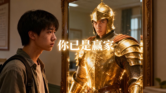 [image-温暖的电影感特写镜头。画面主体是一个穿着便装、略显疲惫的考研学生站在镜子前，但镜子里倒映出的不是疲惫的脸，而是一个身披金色光芒铠甲、眼神坚毅的骑士（或者戴着博士帽的自信形象）。画面正中悬浮着带有柔光的白色宋体字“你已是赢家”，光影温馨治愈，寓意这段经历让你脱胎换骨]