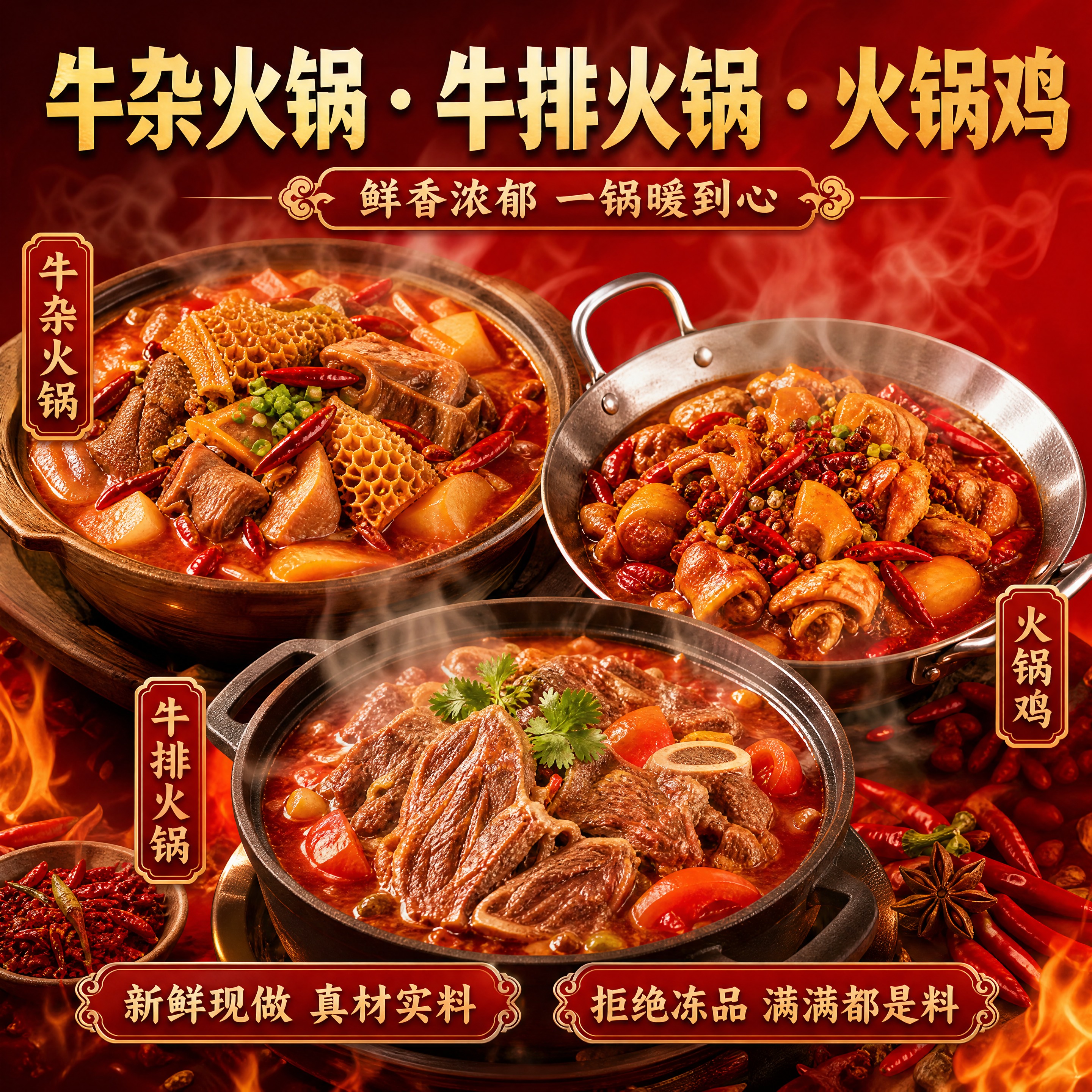 正方形美食海报，整体大红色鲜艳风格，红色饱和度高，明亮热烈。背… - 图片创意预览
