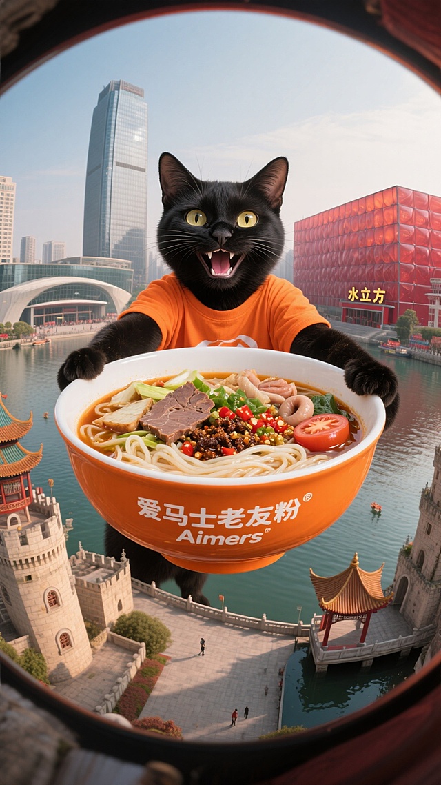 俯瞰全景摄影，一只拟人化的黑猫穿着橙色的T恤，脸怼镜头大笑，右手拿着巨大的橙色海碗向前伸到镜头前面（居中特写盘子），碗上面第一排印着“爱马士老友粉”字样，下一排是“Aimers”字样，除此外没有其他多余的字样和图案；碗里面盛的是南宁老友粉，可以看到几片猪肝、几段粉肠、一些酸笋、有辣椒碎、有蕃茄碎，还有散落的豆豉。镜头可以看到周围是南宁特有的建筑和地标，如南宁会展中心、帝王大厦、亭子码头（尖尖的古堡