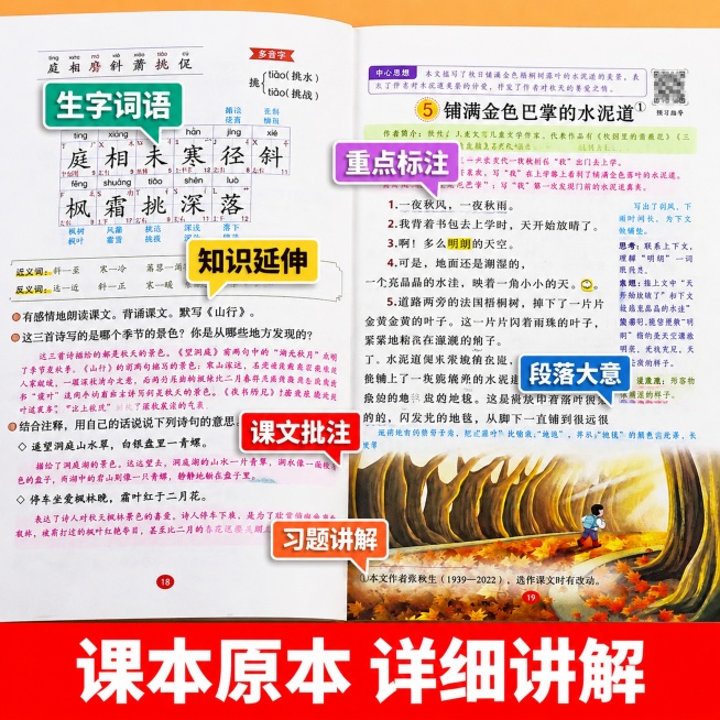 [主图-4] 内容细节亮点展示主图。
[氛围风格] 细节展示清晰专业，突出教辅内容优势；
[画质] 商业摄影质感、光线柔和通透、产品清晰真实、画面干净高级。
[元素] 翻开的内页铺满画面主体，展示生字预览效果