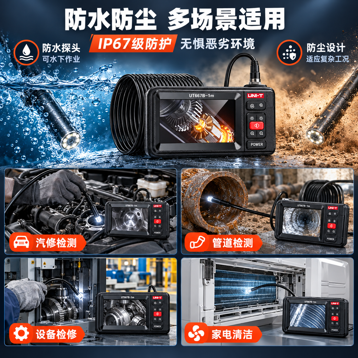 [主图-4] 防水防尘卖点+多场景适用图，展示IP防护等级和多… - 图片创意预览