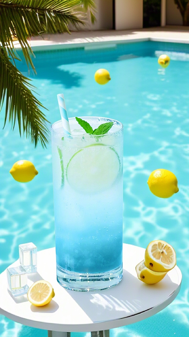将蓝色调的产品置于蓝色泳池场景，营造夏日度假的清凉感。清爽蓝饮，柠檬点缀，泳池旁简约清新，夏日清凉感十足。