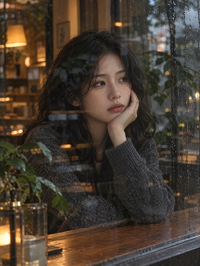 竖版3:4电影感静帧：一位二十多岁的东亚女性，肤色自然，黑色微卷中长发，深灰针织衫。她坐在窗边木桌旁，右手轻托脸颊，隔着有轻微雨痕和倒影的玻璃望向镜头外；画面有暖棕色室内灯光、深绿色植物虚影与玻璃反射，半身近景，柔焦、安静、低饱和电影感。画面中无文字、无logo、无水印、无字幕。超高清2K画质，细节丰富。