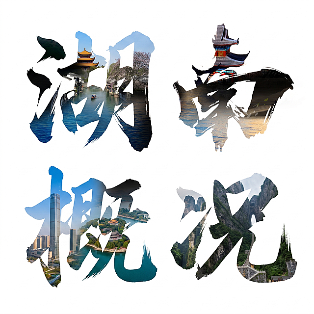将“湖”“南”“概”“况”四个字水平均匀排成一排，保留原毛笔书法笔触风格，每个字内部填充湖南风景建筑双重曝光效果，保持白色背景，生成1:1比例图片