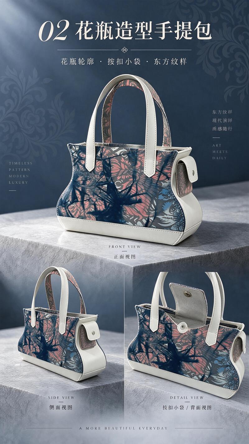 参考图4的高级产品介绍三视图版式风格，将图2的花瓶造型手提包做… - 图片创意预览