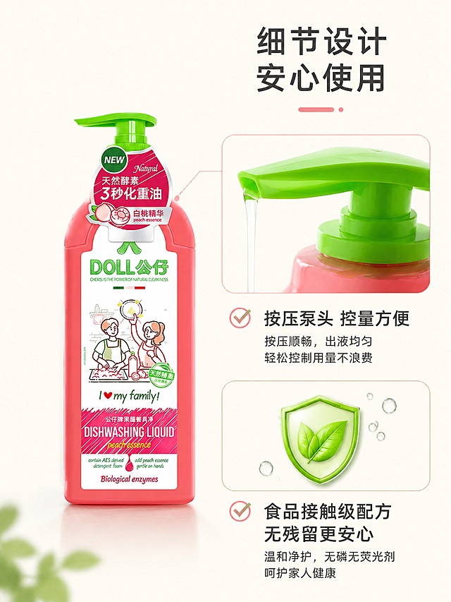 使用电商海报技能根据商品图「图片1」，生成5张电商海报，参考图为，内容主题为公仔牌果蔬餐具净1.28kg 天然酵素 白桃精华 3秒化重油，图片比例为3:4，生成高清商品详情图