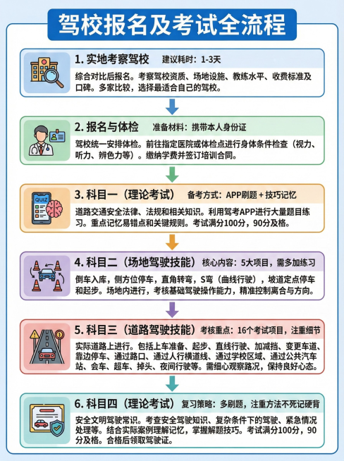 用1-3天时间去自己咨询过比较不错的驾校实地考察一下，综合对比之后，选一个报名
报名时记得带本人身份证，报完名后，驾校都会统一安排大家去体检
科目一为理论考试，难度不大APP刷题，结合技巧记忆
科目二预览效果