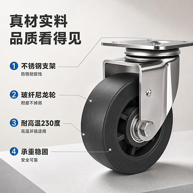 [主图-2] 主题：脚轮卖点信息图，用编号引线标注方式证明不锈钢支架、玻纤尼龙轮、耐高温、承重稳固四大核心卖点，突出轮子细节层次。
[统一基调] 淘宝/天猫五金配件风格，浅色高级感背景，整体配色以浅灰白渐变底为主，搭配深炭灰主标题字和不锈钢银灰辅助色，点缀工业蓝作为强调色；字体用无衬线粗体，简洁硬朗，信息层级分明；背景为柔和的浅灰白渐变，带极淡的几何台面投影，营造高级工业品质感。
[画面] 画面右侧放置脚轮主体，采用与主图1不同的视角：轮子正面朝向观众，支架略侧，轮子尺寸占比大，约占画面宽度的60%，黑色玻纤尼龙轮的轮面纹理、轮毂辐条结构、厚度层次都清晰可见，不锈钢支架保持原图的镜面抛光质感与结构，不改变轮子外观。脚轮放置在浅灰色台面上，底部有自然接触阴影。从脚轮不同部位引出4条细灰线指向左侧卖点区，分别标注：不锈钢支架（指向金属支架中部）、玻纤尼龙轮（指向黑色轮子正面）、耐高温230度（指向轮面边缘）、承重稳固（指向顶部安装板）。
[光影质感] 商业产品摄影质感，主光从右上45度打下，与主图1光位形成差异；不锈钢支架反射干净明亮，黑色尼龙轮子呈现丰富的明暗层次，轮缘、轮毂、轮面各部位灰度层次分明，立体感强，阴影柔和。
[配色] 背景：浅米灰渐变（比主图1稍偏暖调，形成差异）；主标题：深炭灰色；卖点标签文字：深灰色；引线：细浅灰色；强调色：工业蓝（卖点序号圆点）；产品保持不锈钢银色与黑色尼龙轮本色，轮子颜色真实。
[文字版式] 画面左侧为卖点信息区，顶部主标题大字：「真材实料 品质看得见」，加粗；下方依次排列4条带序号的卖点，每条卖点由工业蓝色小圆点序号 + 加粗卖点词 + 小字说明组成：1 不锈钢支架 防锈耐腐蚀；2 玻纤尼龙轮 耐磨不掉屑；3 耐高温230度 高温环境适用；4 承重稳固 安全可靠。文字全部左对齐，放在左侧负空间，不遮挡轮子主体。字体统一为无衬线体，标题粗，说明细。
[输出要求] 比例1:1，2048x2048，2K分辨率；产品清晰不变形，轮子颜色真实层次分明，文字清晰可读；负向：禁止变形、错字、模糊、杂乱背景、水印、平台Logo、悬浮、穿模、轮子结构改变、色差、文字遮挡产品主体。