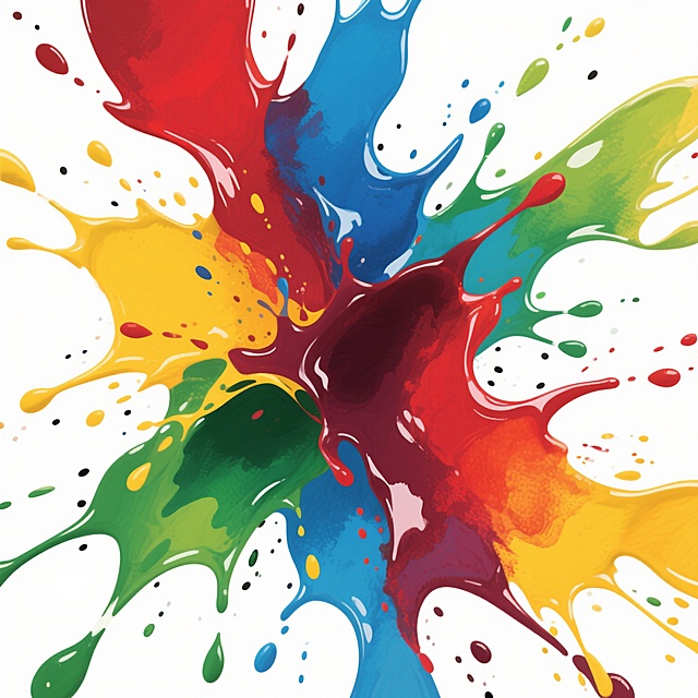 数字艺术风格的彩色油漆飞溅图案，白色背景，以深红色、宝蓝色、明黄色和草绿色为主色调的油漆飞溅效果，颜料呈现出湿润的流动感和透明的晕染质感，飞溅的形状大小不一、层次丰富，边缘带有细微的色彩过渡和飞溅的小墨点，整体构图饱满且具有动态张力，色彩对比鲜明且和谐统一，保持水彩般的轻盈通透感。