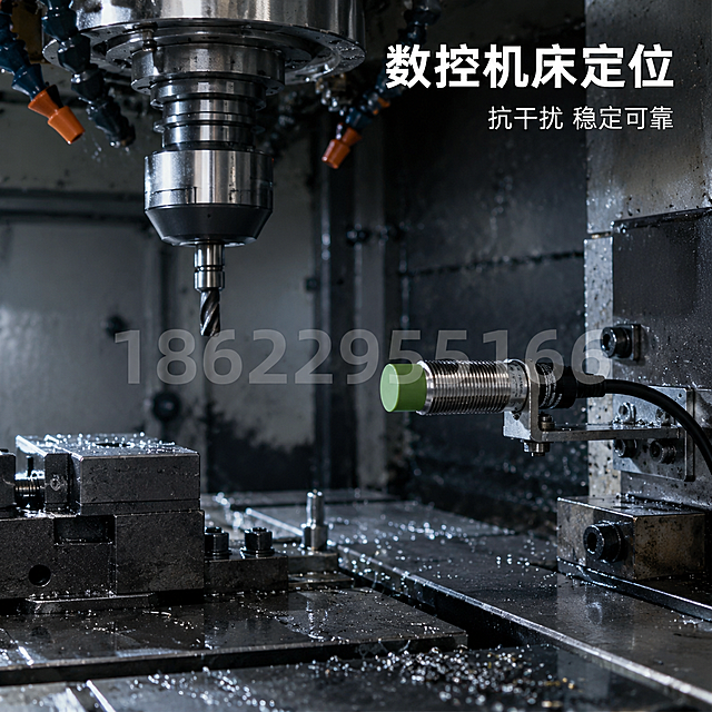 [主图-27] 数控机床应用场景，展示接近开关在机床上的应用。
[统一基调] 工业场景背景，专业工业风，产品精修。画面正中间位置叠加半透明灰色水印文字「18622955166」。
[画面] 接近开关安装在数控机床的工作台或刀库旁，检测刀具位置或工作台零点。背景是CNC加工中心内部环境，有金属导轨、主轴、工作台等元素，带有工业油污和金属切削的真实感，适度虚化突出产品。
[光影质感] 机床内部照明，金属表面有切削液反光，产品安装在防护等级高的位置，质感真实。
[配色] 深工业色调，金属机床、油污、绿色感应头形成对比。
[文字版式] 右上角主标题「数控机床定位」，下方小字「抗干扰 稳定可靠」。画面正中间半透明水印。
[输出要求] 1:1正方形比例，2048x2048像素，场景真实，产品清晰。