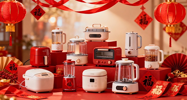 有各种美的小家电产品，不要吹风机，产品多一些小一点，红色新年元素，不需要加文字，尺寸为750x400px