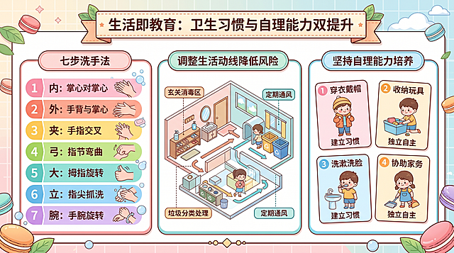 生活能力培养页，标题“生活即教育：卫生习惯与自理能力双提升”，内容：七色对应七步洗手法、调整生活动线降低风险、坚持自理能力培养，马卡龙清新风格