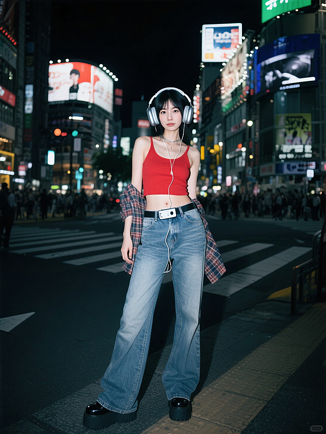 东京涩谷街头，女孩穿着红色露脐背心和低腰水洗牛仔喇叭裤，腰间系着格子衬衫，戴着银色耳机连接腰间的MP3播放器，脚踩厚底松糕鞋。背景是嘈杂的十字路口和大型电子广告牌，街拍摄影风格。