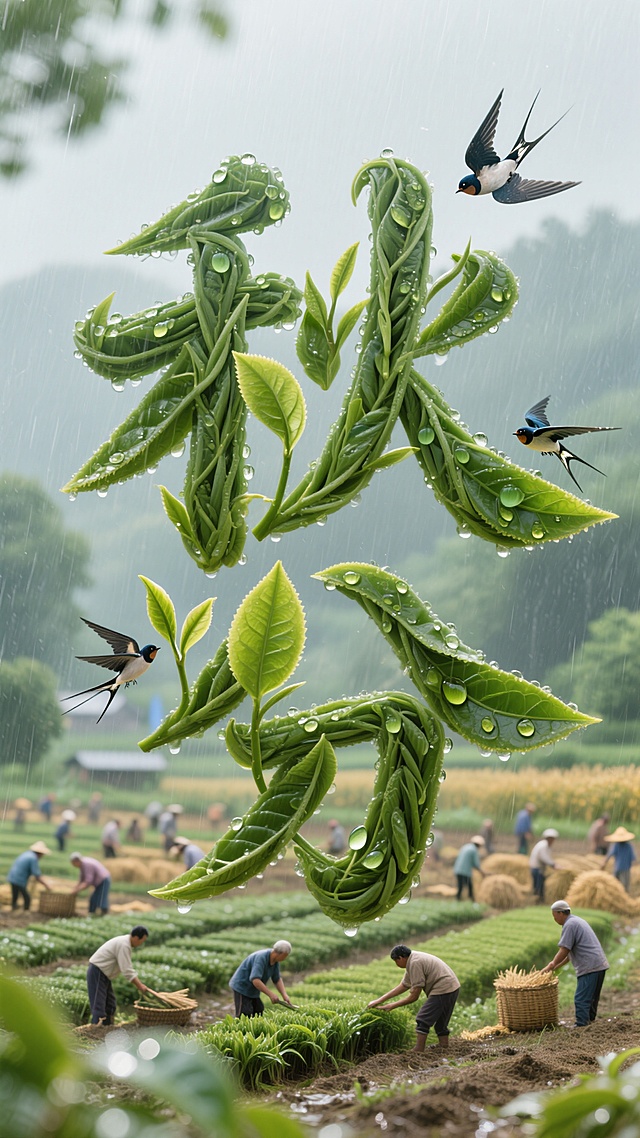 主体为一个由细雨、嫩芽、燕子、茶叶、农耕场景等元素点缀的立体艺术汉字“秋分”，背景农耕场景