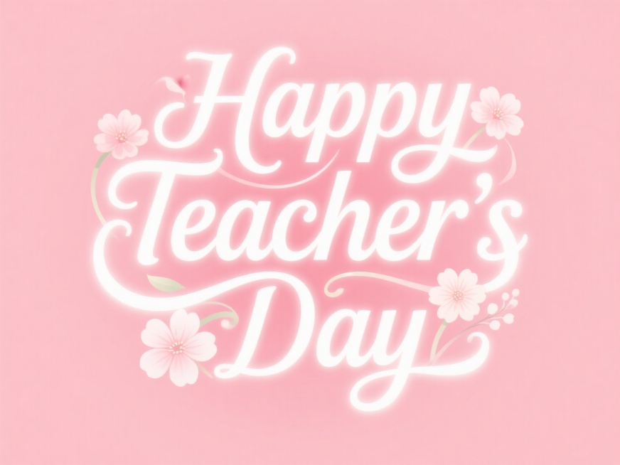 浅粉色背景，白色英文字‘Happy Teacher's Day’，笔画融合花朵装饰元素，艺术感预览效果